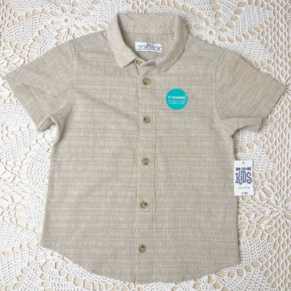 NWT Matalan Boys 5 Years Beige Cotton Euro Minimalist Button Down Shirt